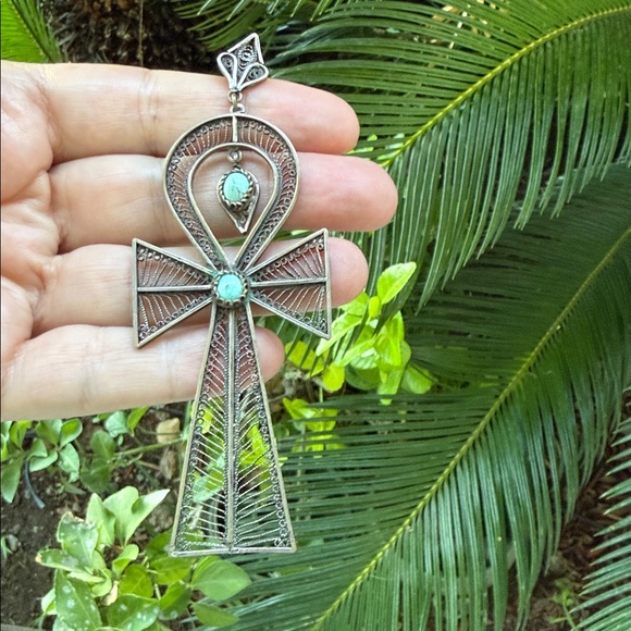 Vintage Silver Ankh Pendant with Turquoise